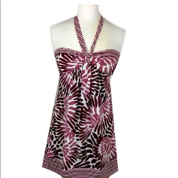 BCBG Maxazria Strapless Purple and Ivory Tropical Print Tube Halter Dress. Sz S - Picture 1 of 6